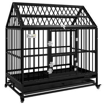 PawHut 49" Heavy Duty Dog Crate, Strong Steel Large Dog Crate with 4 Lockable Wheels, Double Doors, and Removable Tray, for XL and L Dogs, Black