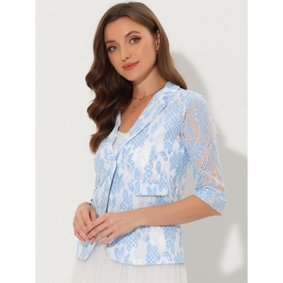 INSPIRE CHIC Women's Bussiness Casual Blazers Floral Lace 3/4 Sleeve Single Button Elegant Blazer Suits Blue Small — фото 2