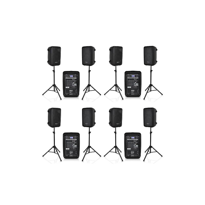 Pyle 4 x PPHP28AMX Stage & Studio 8 Inch Bluetooth DJ PA Loud Speaker System and 8 Channel Audio Mixer Bundle Kit w/ USB & SD Readers, Black (4 Pack), 1 of 7
