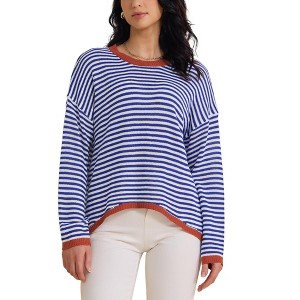 INSPIRE CHIC Women Striped Long Sleeve Drop Shoulder Curved Hem Pullover Top Sweater - 1 of 4
