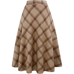 Women's Plaid Wool Skirt - Elastic Waist A-Line Pleated Tartan Long Skirt Long Khaki - 1 of 4