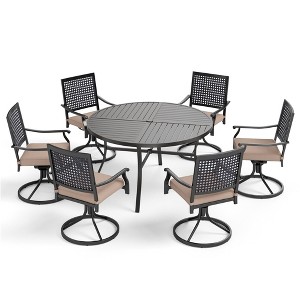 Captiva Designs 7pc Black Round Slatted Steel Table with Umbrella Hole& Metal Armrest Chairs - 1 of 4
