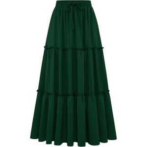 Women's Boho Beach Maxi Skirt - High Waist Flowy Pleated & Ruffle Long Skirt with Pockets Dark Green - 1 of 4