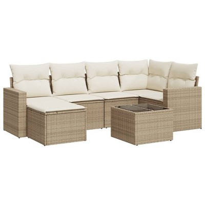 vidaXL 7 Piece Patio Sofa Set with Cushions Beige and Cream Poly Rattan - With Table