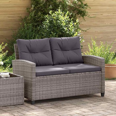 vidaXL 2-Seater Patio Sofa with Cushions Gray 48.8" Poly Rattan
