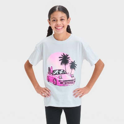 Girls' Short Sleeve Oversized Silver Springs Car Graphic T-Shirt - Cat & Jack™ Light Gray L: Relaxed Fit, Jersey Fabric