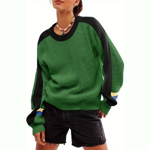 Imily Bela Womens Fall Winter Casual Color Block Crewneck Waffle Knit Slouchy Loose Pullover Tops - 1 of 4