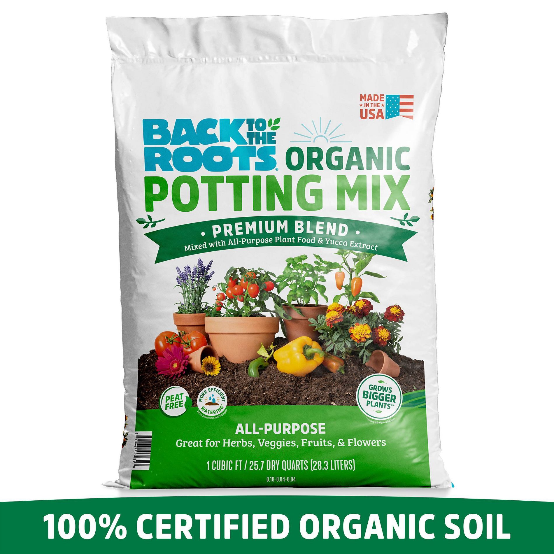 Back to the Roots 25.7qt Organic Potting Mix Premium Blend All Purpose: Soil for Flowers & House Plants, Peat-Free