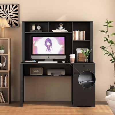 CAVINAS Home Office Desk Modern Wooden Executive Desk with Drawer, Cabinet, Storage Shelves and Sockets for Office