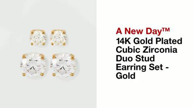 14K Gold Plated Cubic Zirconia Duo Stud Earring Set 2pc - A New Day&#8482; Gold, 2 of 5, play video