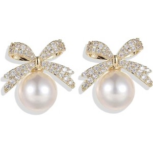 Bow Earrings for Women Dainty Pearl Rhinestone Bow Earrings Holiday Christmas Jewelry Gifts Gold Silver Cute Earring for Wedding Party Holiday - 1 of 4