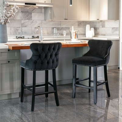 SKRAN Contemporary Velvet Upholstered Back Barstools With Solid Wood Legs And Nailhead Trim,Leisure Style Bar Chairs For Kitchen Island Counter