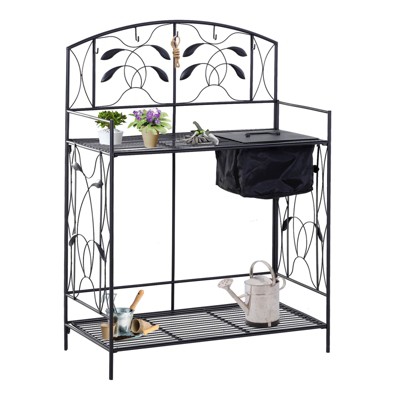 Outsunny Folding Potting Bench Table, Metal Garden Workstation, Work Bench with Build-In Bag with Cover, Hanging Hooks & Storage Shelf