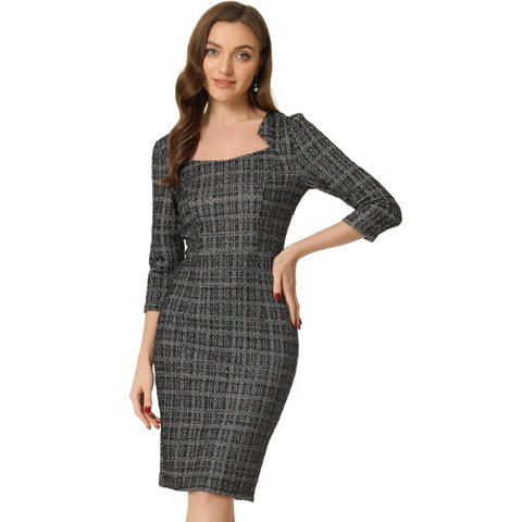 Женские платья INSPIRE CHIC Women's Elegant Work 3/4 Sleeve Plaid Tweed Bodycon Dresses Small Black
