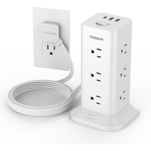 Power Strip Tower with Surge Protection, Flat Plug Extension Cord 6 Feet with 12 Multiple Outlets 3 USB(1 USB C), 900J Surge Protector Tower for Home - 1 of 4