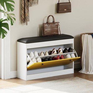 31.5'' Shoe Storage Bench, Slim Shoe Organizer Bench with Flip Drawer and Seat Cushion, Modern White Entryway Shoe Cabinet,White - 1 of 4