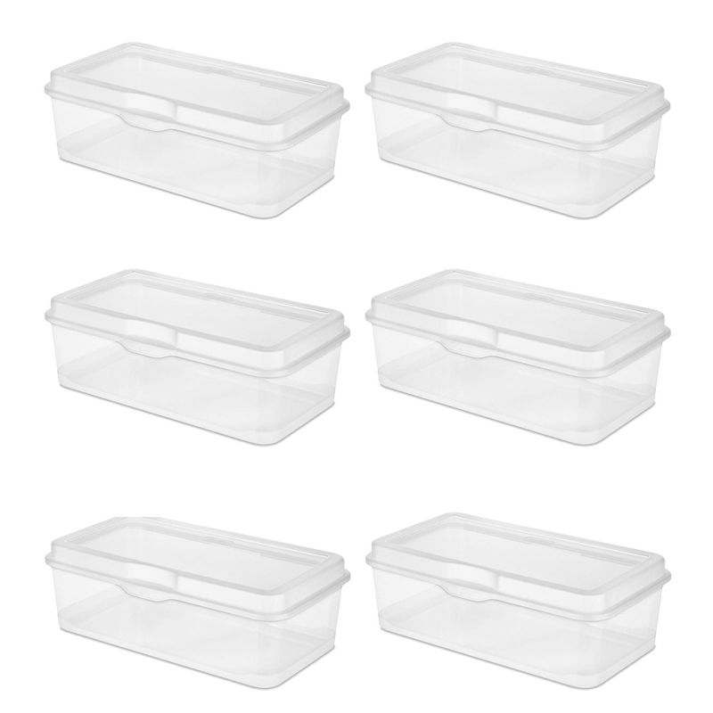 Sterilite Large FlipTop, Stackable Small Storage Bin with Hinging Lid, Plastic Container to Organize Desk at Home, Classroom, Office, Clear, 6-Pack, 1 of 7