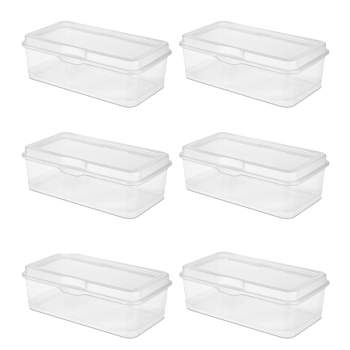 Sterilite Large FlipTop, Stackable Small Storage Bin with Hinging Lid, Plastic Container to Organize Desk at Home, Classroom, Office, Clear, 6-Pack