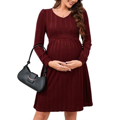 BLUEMING Maternity Rib-Knit Contour Dress - V-Neck Long Sleeve Mid-Length Dress for Baby Celebrations & Autumn Gatherings