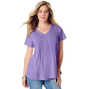 Roaman's Women's Plus Size V Neck Pintuck Tee - 1 of 4
