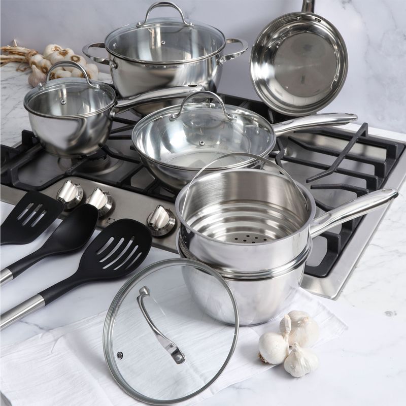 Oster Ridgewell 13 piece Stainless Steel  Belly Shape Cookware Set in Silver Mirror Polish with Hollow Handle, 3 of 15