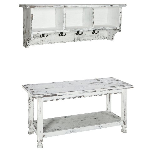 36 Rustic Cottage Coat Hooks And Storage Bench Set White - Alaterre  Furniture : Target
