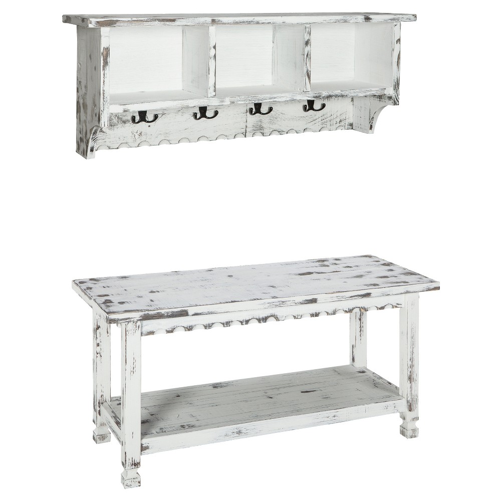 36" Rustic Cottage Coat Hooks and Storage Bench Set White - Alaterre Furniture