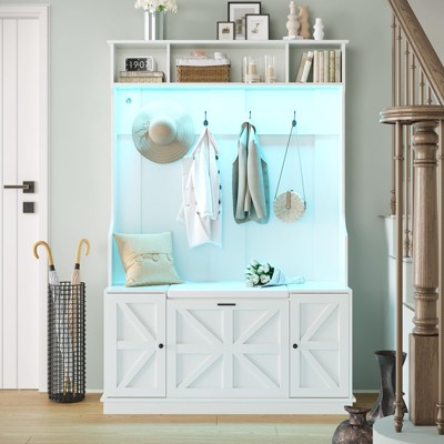 Hall Tree with Shoe Storage Bench, 4 Coat Hooks, LED Lights, 6 Shoe Cubbies, Entryway Coat Rack, White