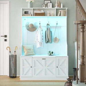 Hall Tree with Shoe Storage Bench, 4 Coat Hooks, LED Lights, 6 Shoe Cubbies, Entryway Coat Rack, White - 1 of 4