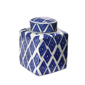 Storied Home Decorative Square Ceramic Ginger Jar with Lid, Blue and White - 1 of 4