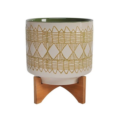 Sagebrook Home 9" Geometric Ceramic Planter on Wooden Stand Off-White/Olive