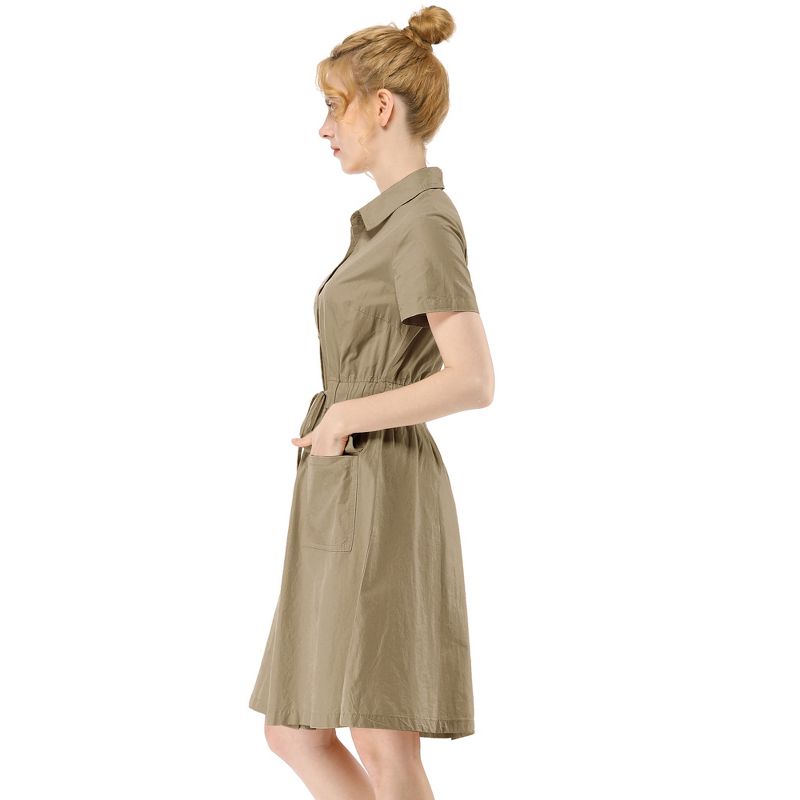 Allegra K Women's Point Collar Front Elastic Waist Drawstring Above Knee Shirt Dress with Pocket, 5 of 8