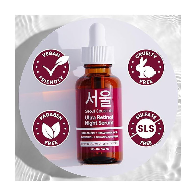 Seoul Ceuticals 1% Korean Retinol Night Serum for Face - 97.5% Snail Mucin + Hyaluronic Acid + Bakuchiol, Cruelty Free K Beauty for Sensitive Skin 1oz, 5 of 7