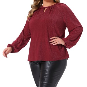 Women's Plus Size Glitter Sparkle Keyhole V Neck Long Sleeve Pleated Party Tops - Agnes Orinda - 1 of 4