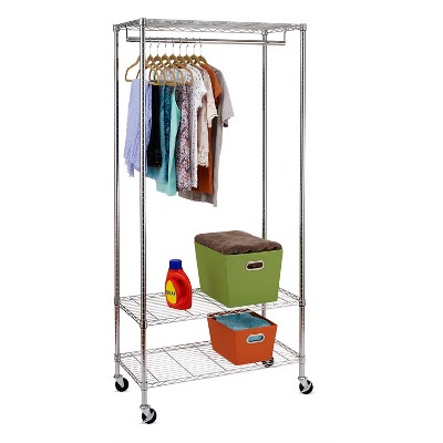 Chrome Steel 3-Shelf Rolling Garment Rack with Hanging Bar