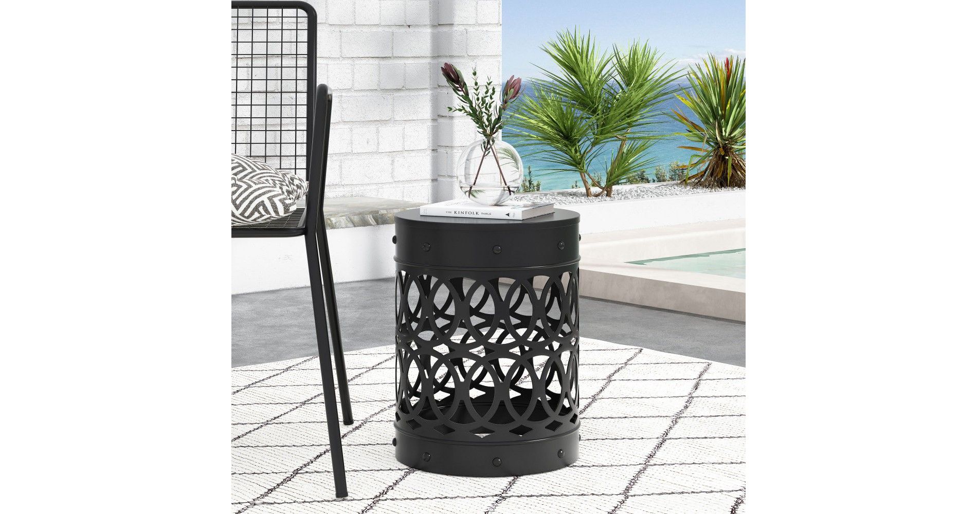 TUYOHW Modern Round Patio End Table,Iron Patio Side Table for Backyard,Pool, Indoor Companion,Durable and Stable,Black
