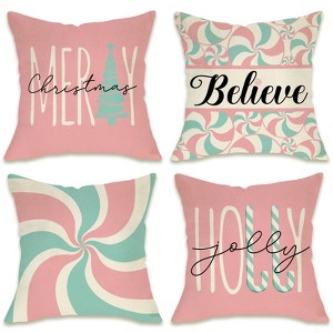 Merry Christmas Peppermint Candy Decorative Throw Pillow Cover 18 x 18 Set of 4, Pink Xmas Tree Porch Patio Outdoor Pillowcase - 1 of 4