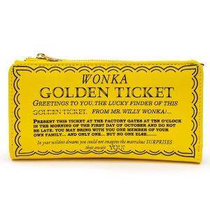 Willy Wonka Wallet, Fold Over, Snap Pouch, Chocolate Factory Golden Ticket Text, Yellow, Vegan Leather - 1 of 4