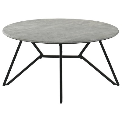 Transitional Round Coffee Table with Faux Cement Top and Gunmetal Legs