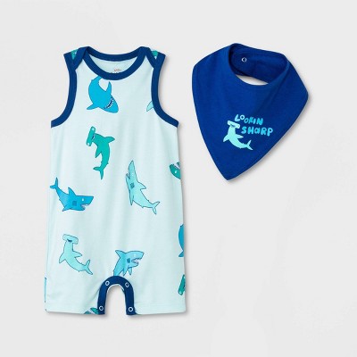 Image of Baby Boys' Shark Romper with Bib - Cat & Jack™ Mint Green 0-3M