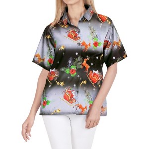 HAPPY BAY Women's Christmas Tree Vacation Holiday Party Short Sleeve Hawaiian Santa Claus Blouse Xmas Gifts Shirt for Women - 1 of 4