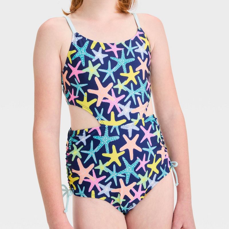 Girls' Starfish Party Printed One Piece Swimsuit - Cat & Jack™ Navy Blue, 3 of 5