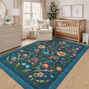 5x7 FT Modern Washable Area Rug, Vintage Floral Soft Carpet with Non Slip Backing, Low Pile Stain Resistant Foldable Floor Mat for Home - 1 of 4