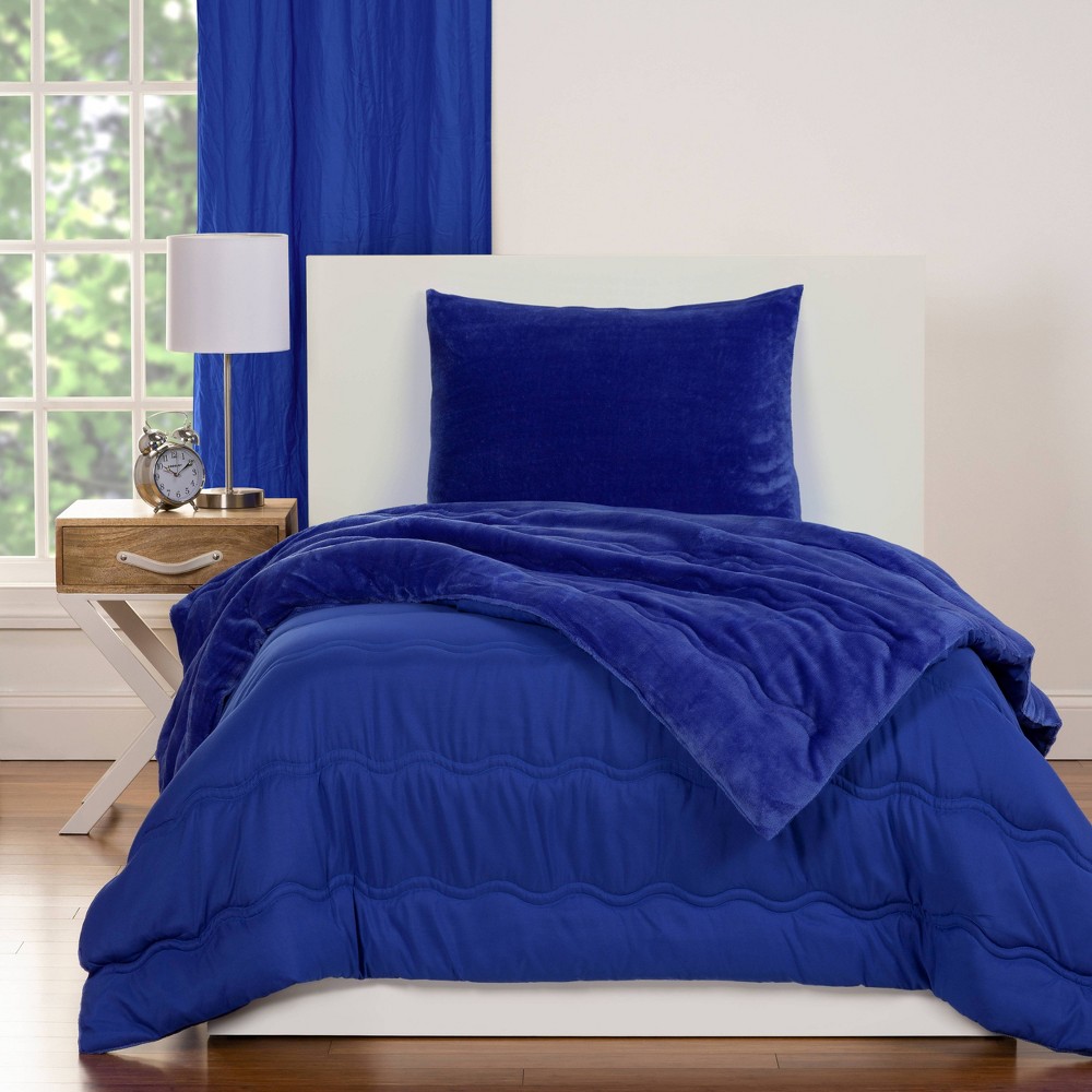 Photos - Bed Linen Twin Reversible Kids' Comforter Set Fuzzy Fleece Cobalt - SIScovers