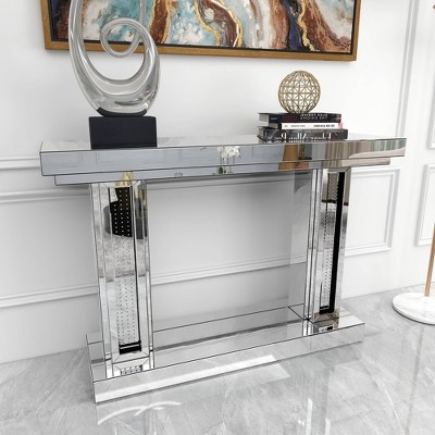 Silver Mirrored Wood Console Table with Storage, 48" x 14" x 32"
