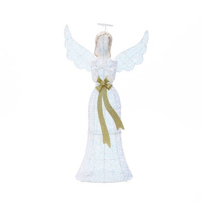 LuxenHome 4.1Ft Angel with Gold Bow Outdoor Holiday Decoration with Lights White, Gold, Brown