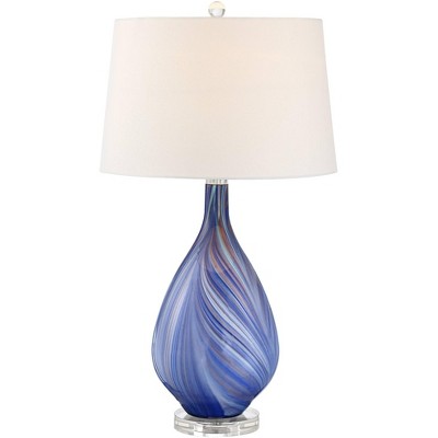 Possini Euro Design Modern Table Lamp Teardrop Blue Swirl Art Glass Tapered Drum Shade for Living Room Bedroom Nightstand Family