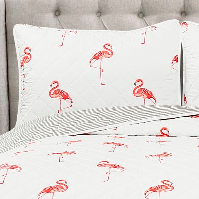 Coral and White Flamingo Print Full/Queen Quilt Set