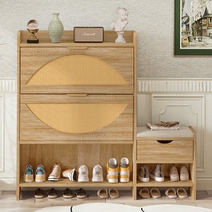 47.2" Shoe Racks Storage Cabinet Rattan Shoe Storage Organizer With 2 Flip Drawers, a Storage Drawer and a Bench For Entryway, Light Brown-- Frevyn - 1 of 4