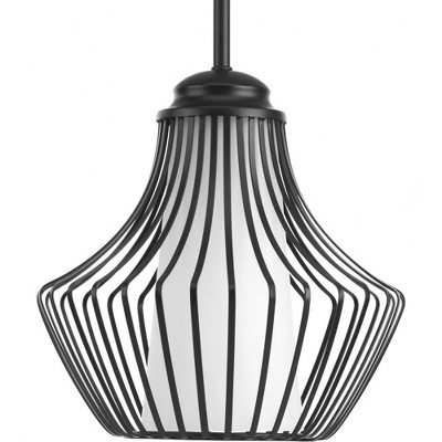 Progress Lighting Finn 1-Light Pendant, Steel, Black Finish, Etched White Glass Shade